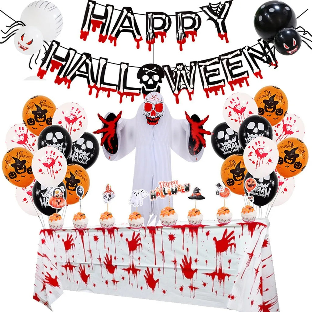 Halloween spider balloon arch kit with black and white balloons showing skull and pumpkin designs