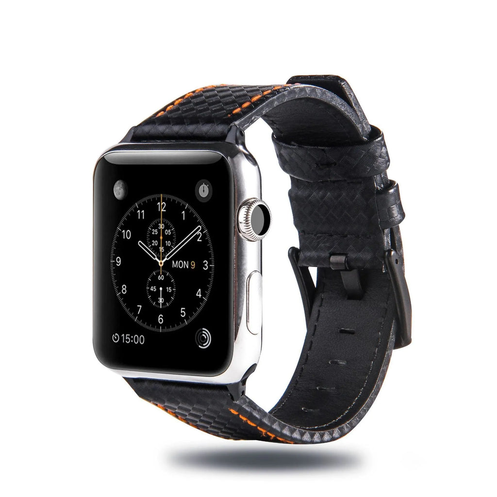 Leather and carbon fibre iPhone watch strap in black, blue, orange, and red for Apple Watch