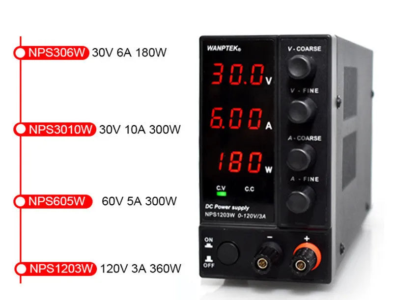 White NPS605W adjustable DC laboratory bench power supply with 0-60V 0-5A output.