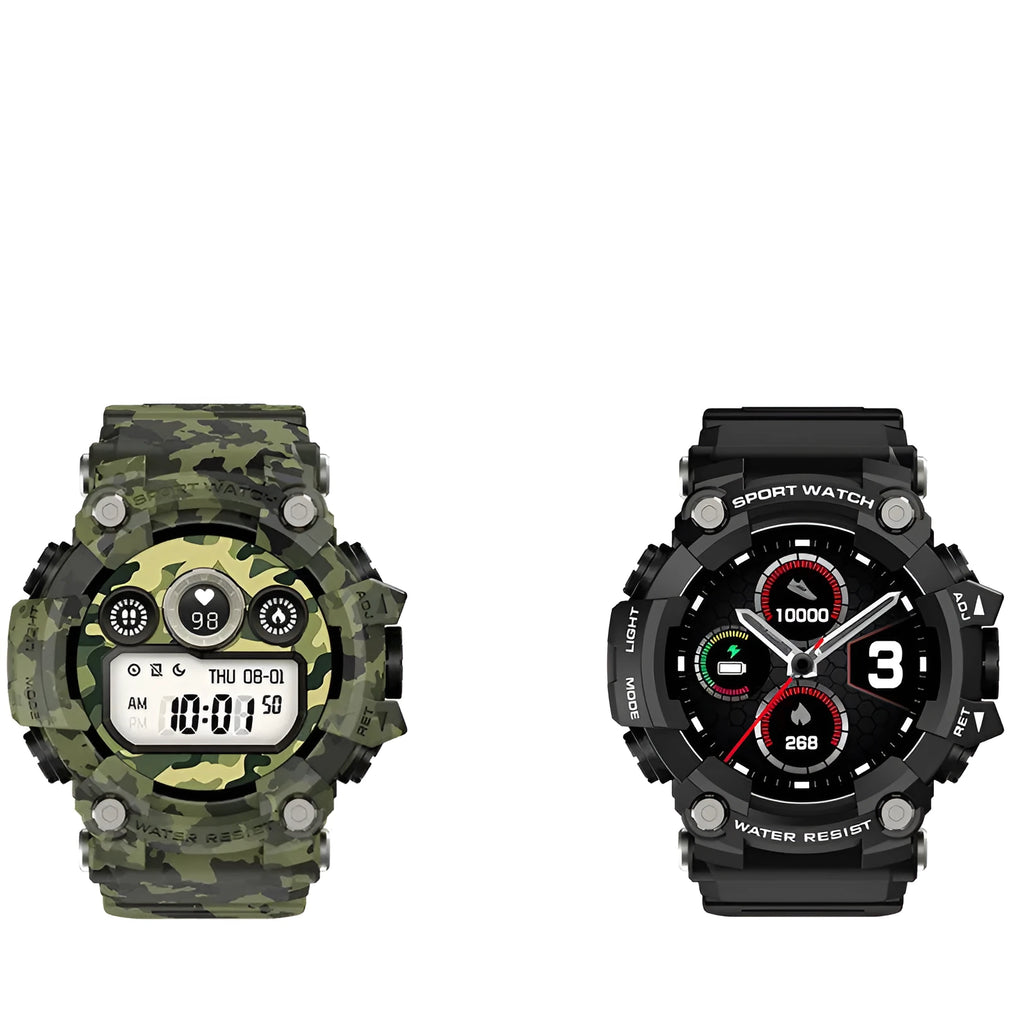 Tactical smart watch with 1.3-inch screen, alloy case, and black wristband on display