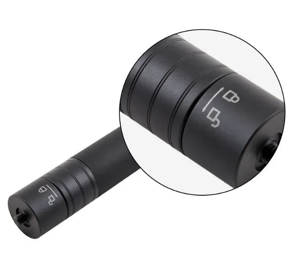 Black retractable selfie stick with integrated stabilizer, shown extended and collapsed