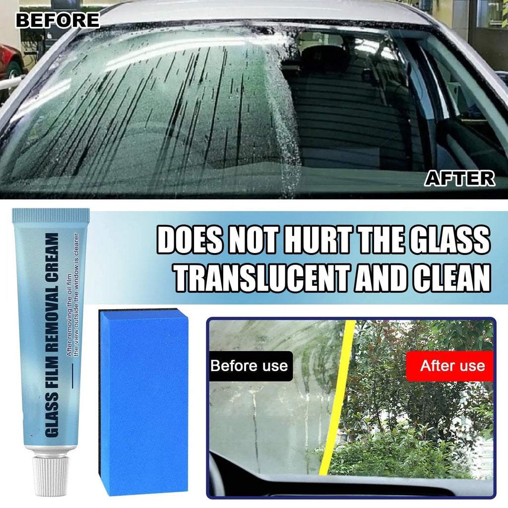 Blue car glass oil film remover bottle with separate sponge applicator for windshield cleaning