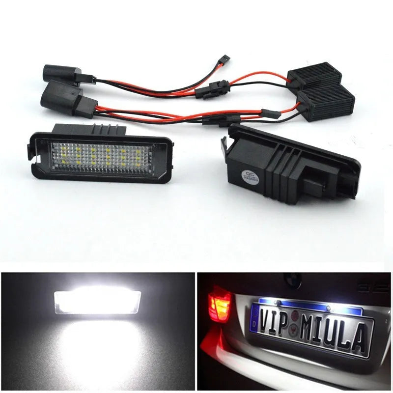 Volkswagen LED licence plate light unit showing SMD LEDs, compatible with Golf, Polo, and Phaeton models.
