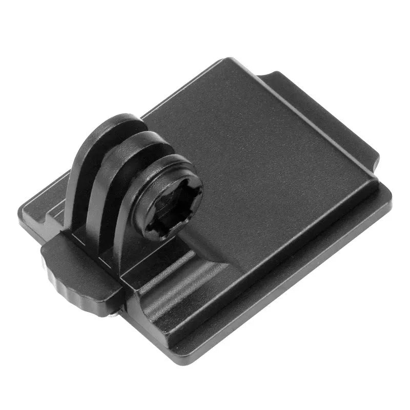 Aluminium alloy camera mounting bracket for attaching a GoPro to a riding helmet.