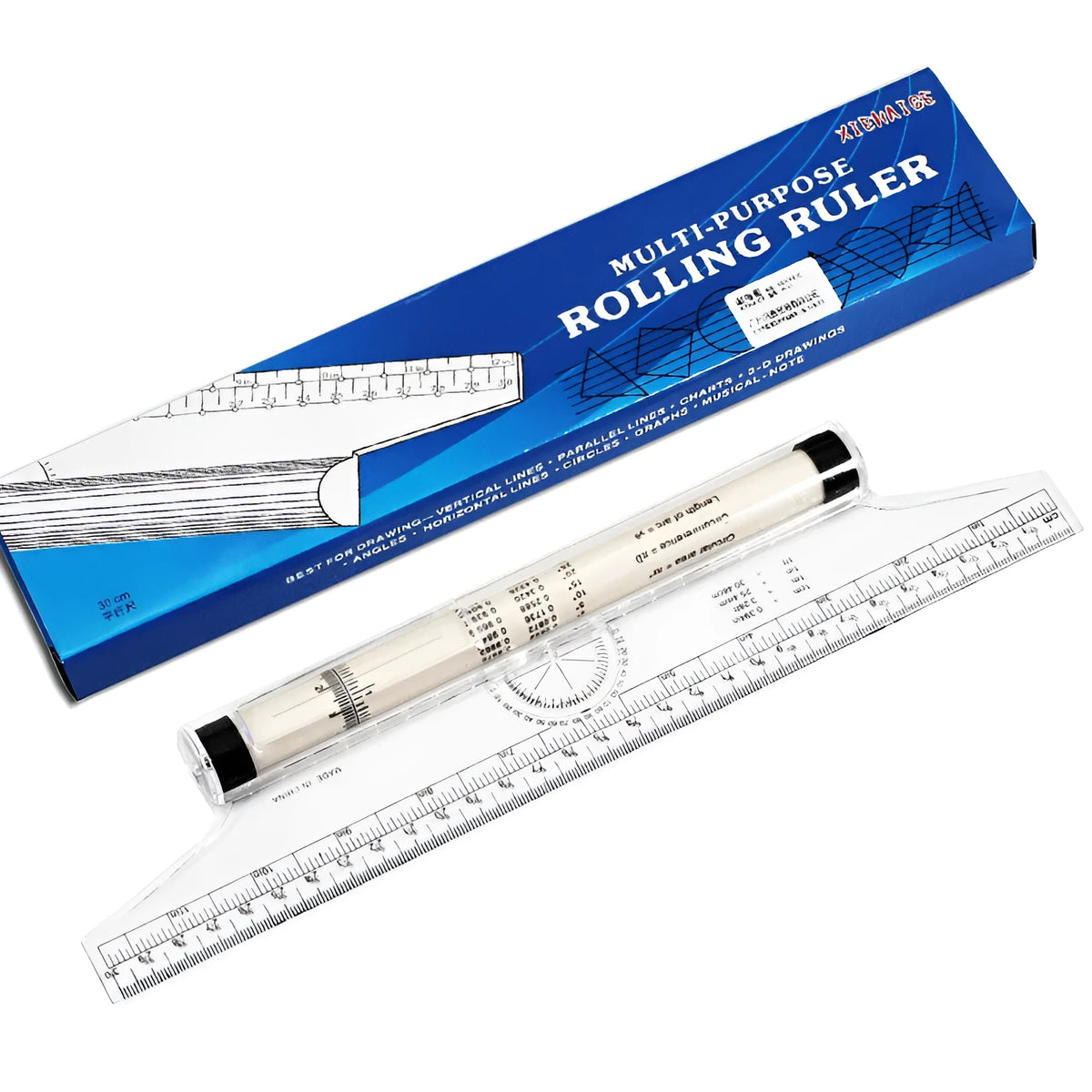 30cm plastic rolling ruler with calibrated rollers, angle and arc rapporteur, magnifying glass, and hole vertical line drawing function