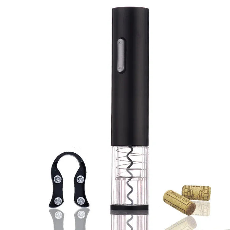 Black automatic electric wine opener kit with foil cutter and transparent body section