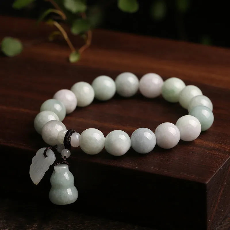 Natural jade hanging bracelet with Maitreya Buddha charm and geometric designs