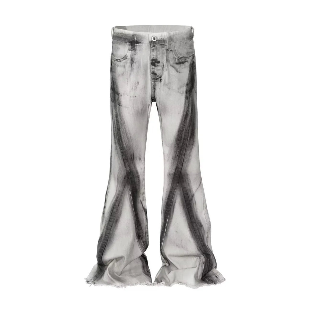 White retro jeans with heavy selvedge detailing and black ribbon gradient on denim fabric