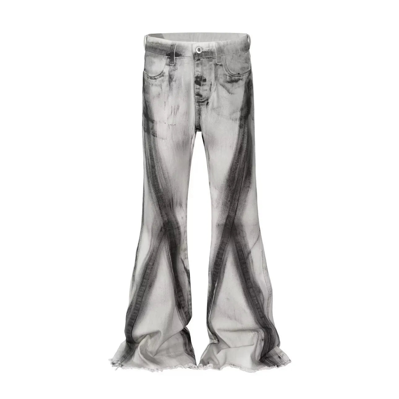 White retro jeans with heavy selvedge detailing and black ribbon gradient on denim fabric