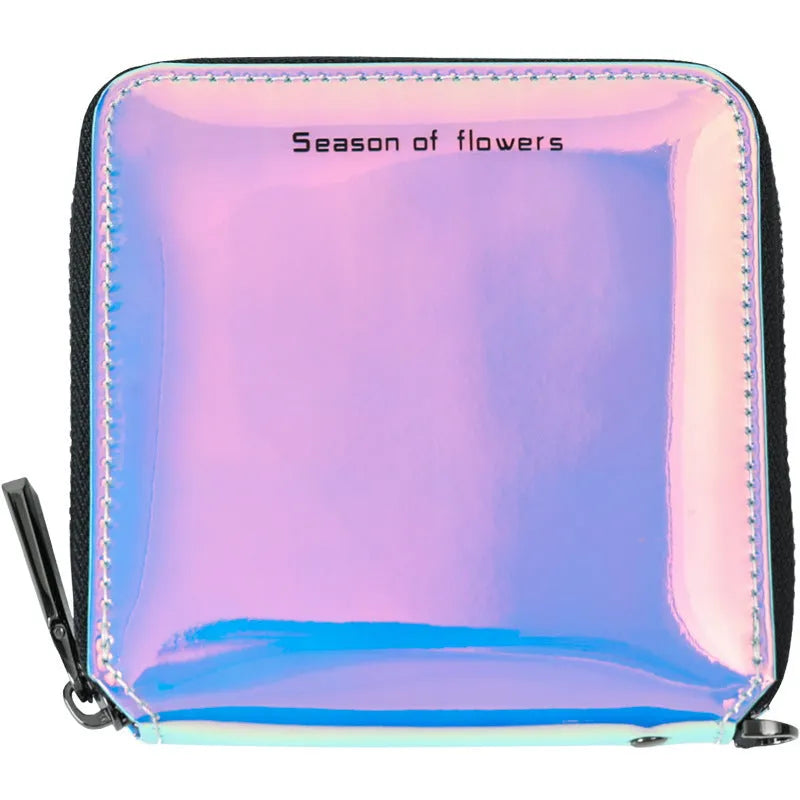 Short folding women's wallet in PU leather showing compact 11cm dimensions with glitter or solid colour options