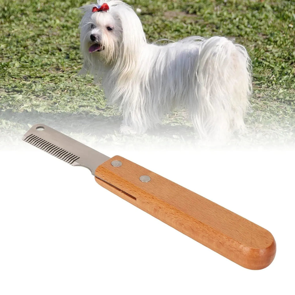 Pet stripping comb with wood handle and metal fittings for dog and cat grooming, available in long or short size