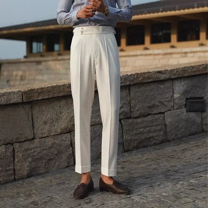 Men's slim fit straight-leg business trousers in chemical fibre blend available in apricot, black and white