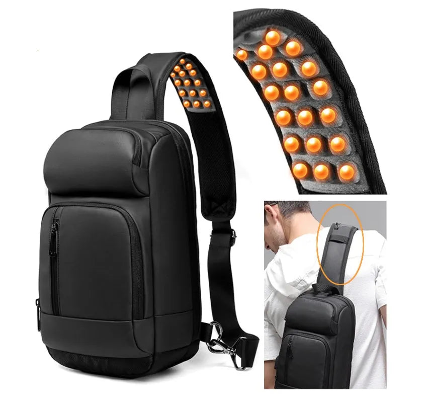 Black PVC outdoor leisure shoulder bag with air cushion strap showing organisational pockets