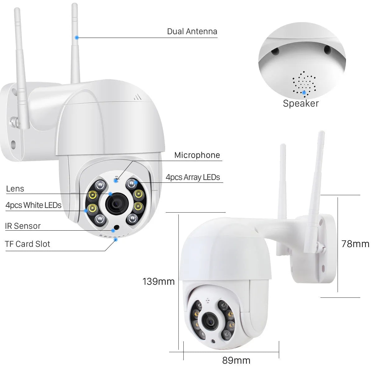 Outdoor WIFI dome camera with 1920x1080 HD resolution, 3.6mm lens, IP66 waterproof plastic housing and up to 60M range