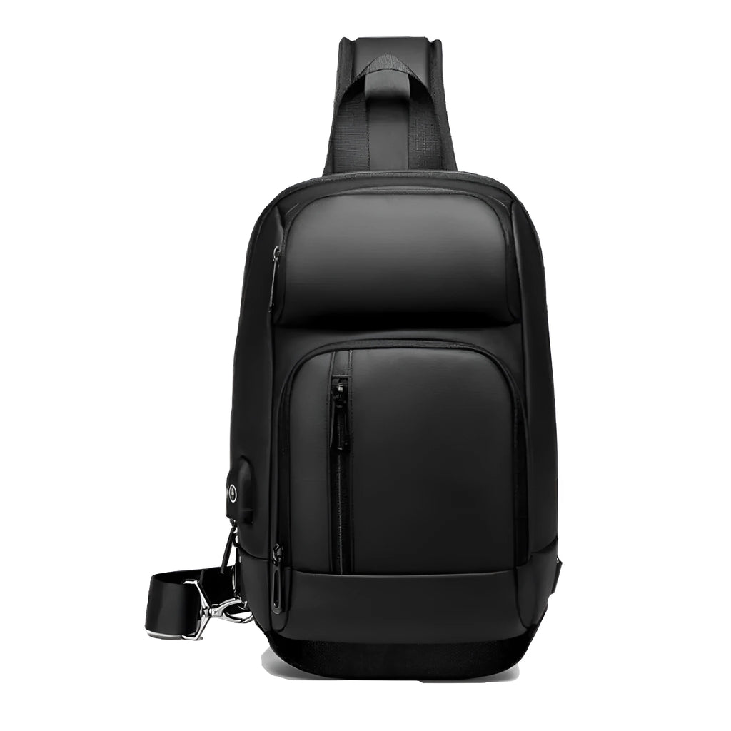 Black PVC outdoor leisure shoulder bag with air cushion strap showing organisational pockets