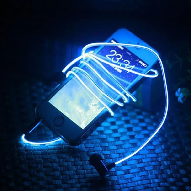 Blue Magic Light LED earphones with illuminated light lines, 3.5mm plug, and remote microphone.