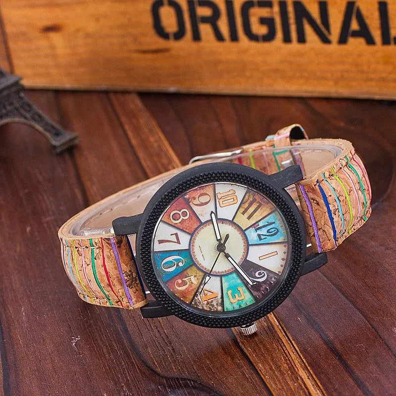 Women's vintage quartz wrist watch with brown leather strap and 37mm round dial