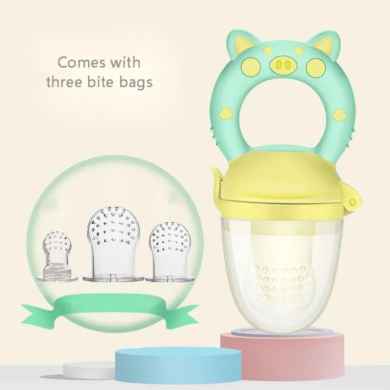 A BPA-free silicone baby teether in blue, showing a single mouthpiece design for infant chewing.