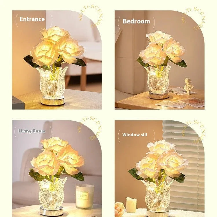 Modern clear crystal flowers USB rechargeable table lamp with touch dimming control on a wooden surface.