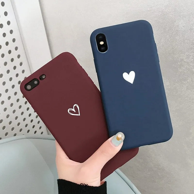 Painted love TPU phone case in red, blue, or black for iPhone 6 to 13 Pro Max.