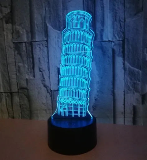 Leaning Tower of Pisa 3D acrylic night light glowing in blue on a black ABS base.