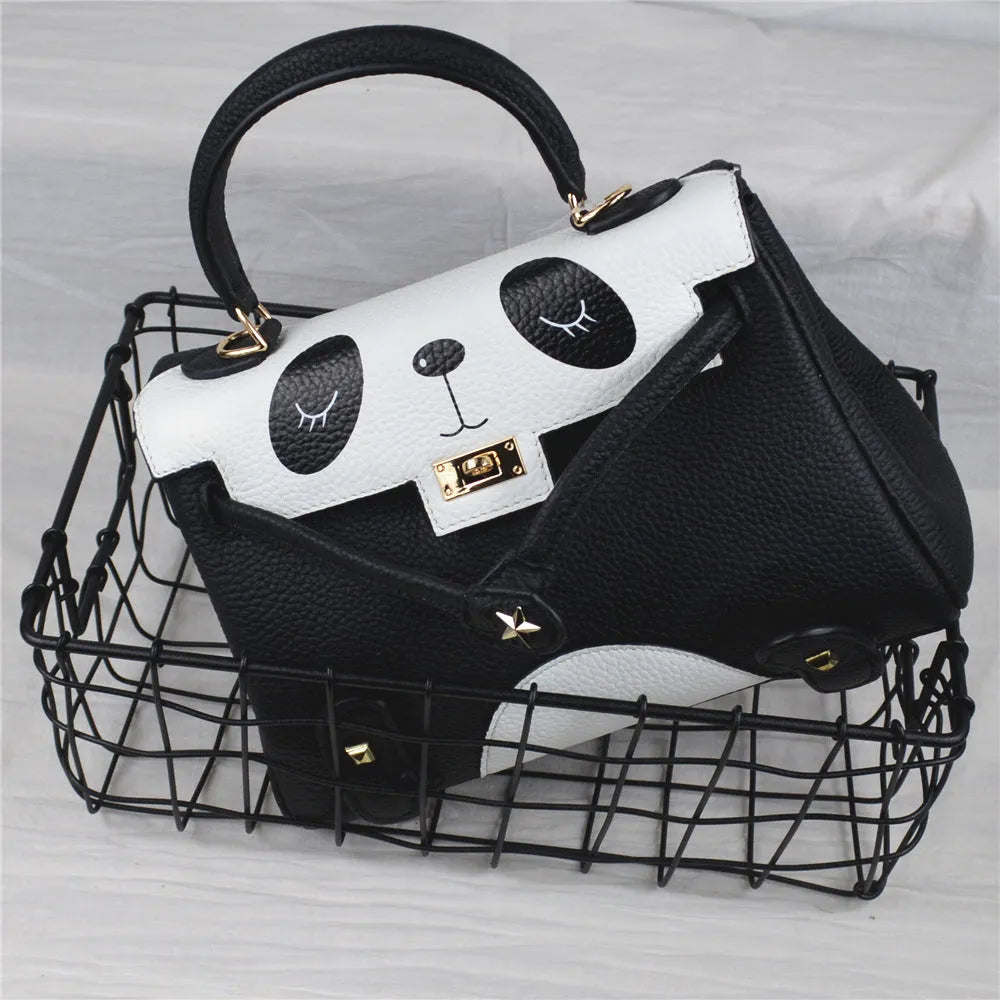 Panda animal print cow leather handbag in a horizontal square shape, shown in two size options.