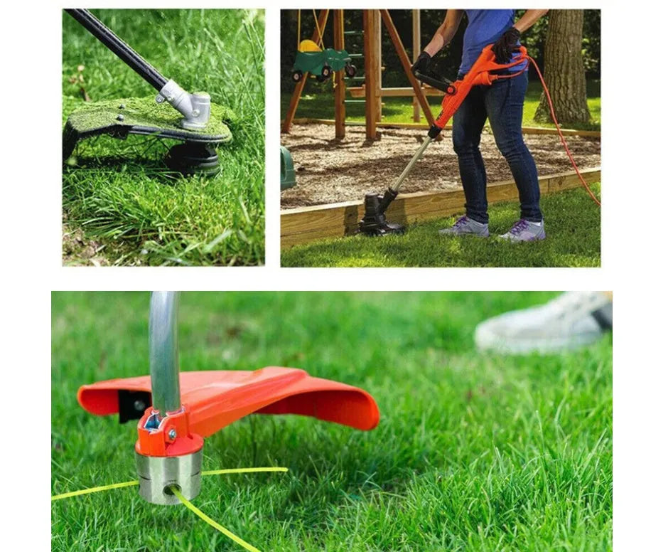 Silver aluminium lawn mower trimmer head with light yellow square grass strings and a wrench