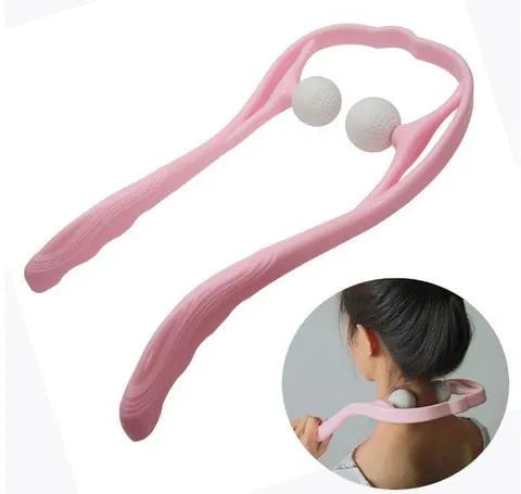 Plastic neck massager with hand roller for trigger point therapy in pink, blue, or green colours with removable heads