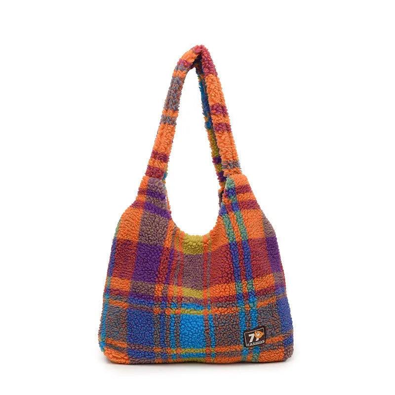 Women's plaid crossbody tote bag in soft plush material with shoulder strap and zippered compartment