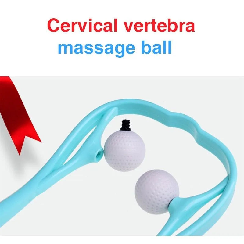 Plastic neck massager with hand roller for trigger point therapy in pink, blue, or green colours with removable heads