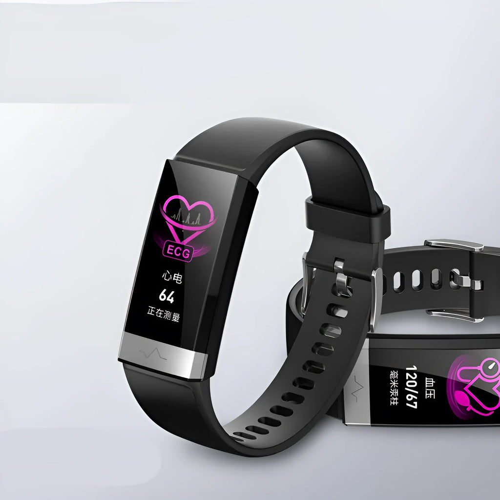 V19 smart fitness tracker with colour display on a blue TPU wrist strap, showing health metrics.