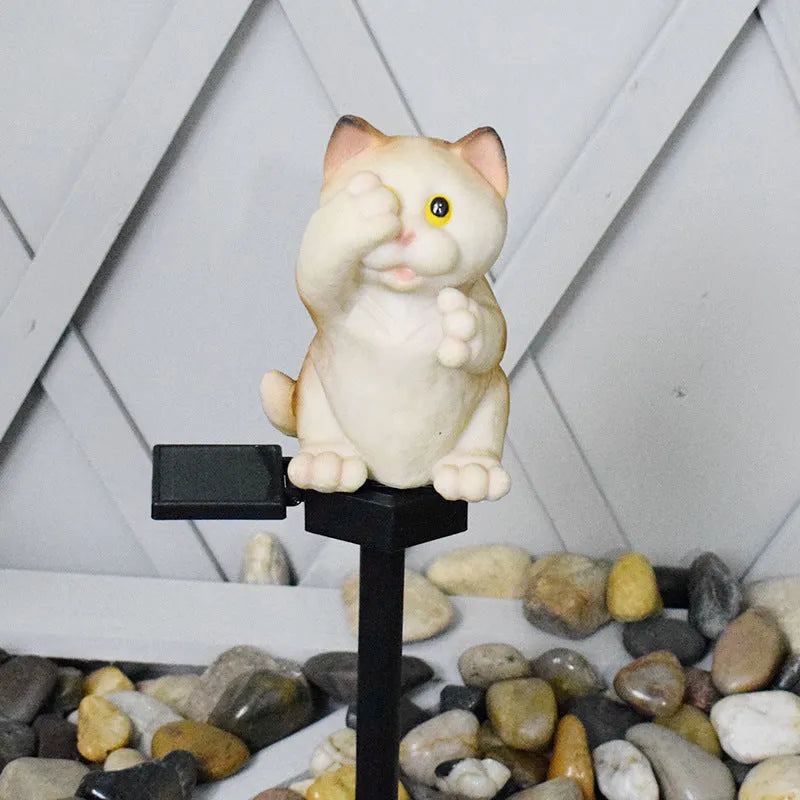 Brown resin cat-shaped solar lawn light with ground spike for garden lighting