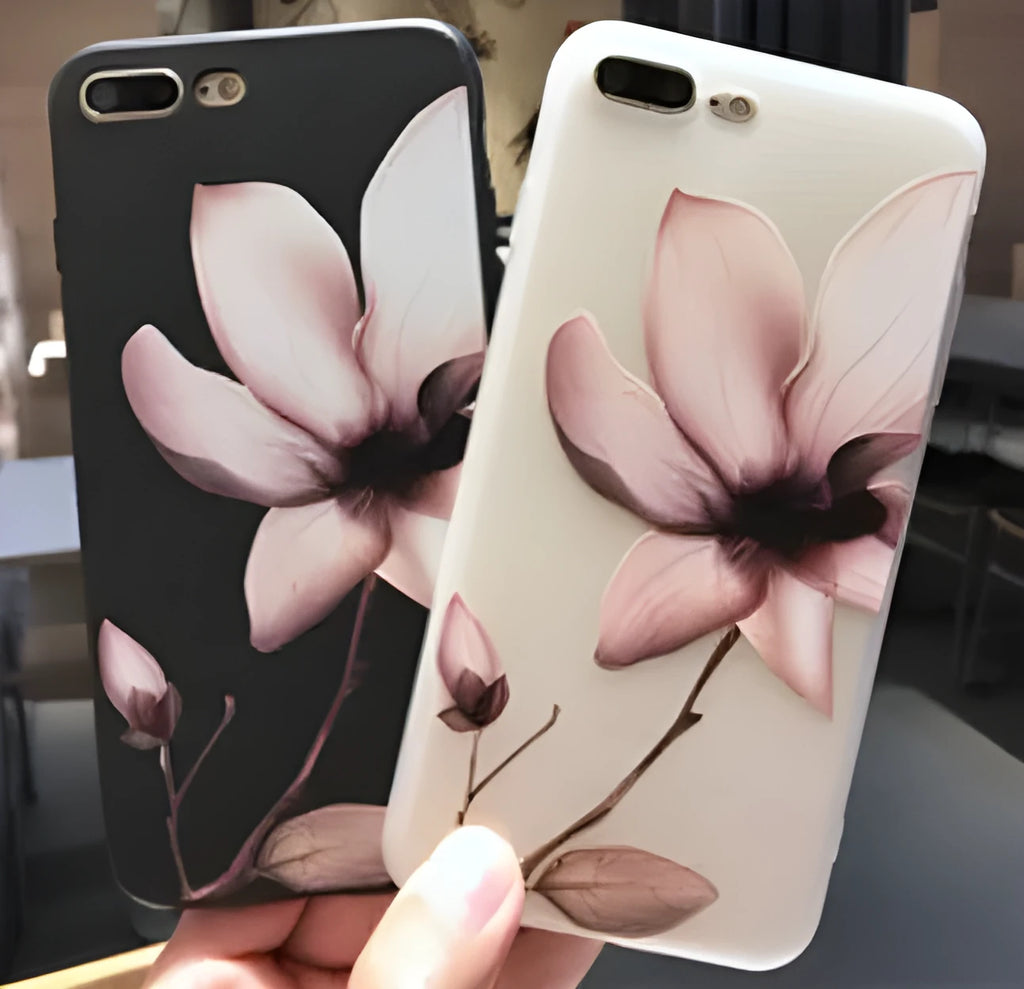 Embossed floral TPU phone case for iPhone in black and white colour options showing raised pattern detail