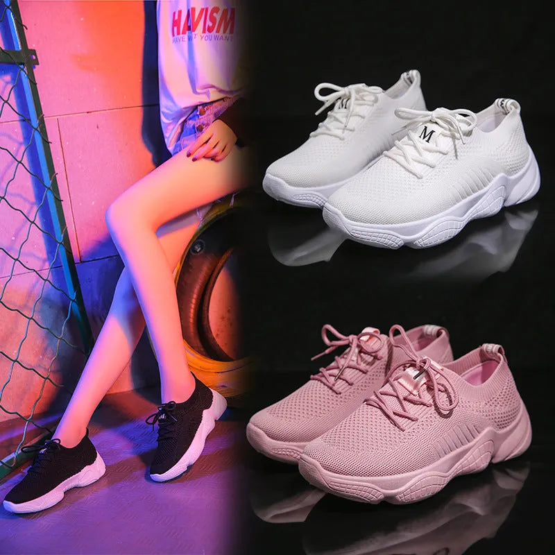 Women's white thick-soled flying woven sports shoes with front strap and round toe
