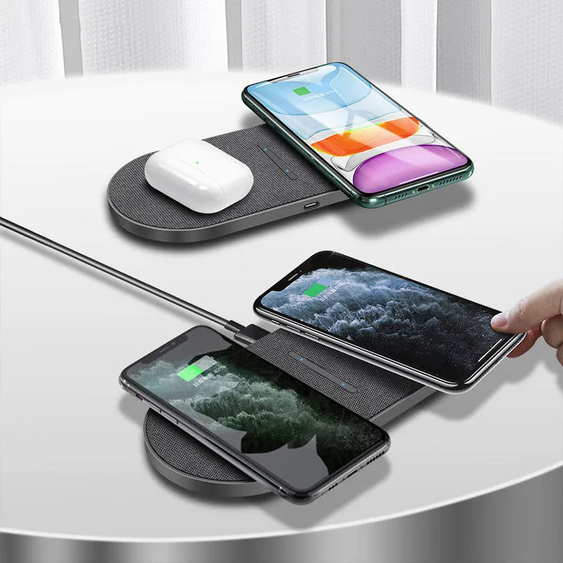 Black dual wireless charging station with two charging pads and Type-C USB cable