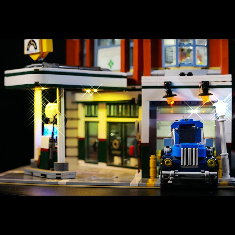 Plastic LED lighting accessories for MOC model building in corner repair shop configuration