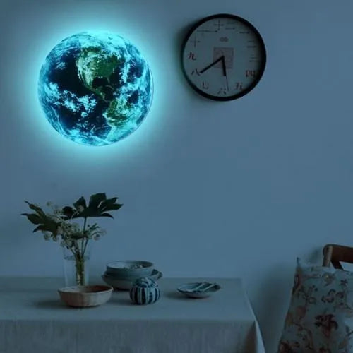 Glow in the dark 3D Earth planet wall sticker on a blue background
