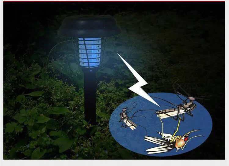 Black solar powered insect killing mosquito lawn lamp with white and purple light LEDs in a garden setting.