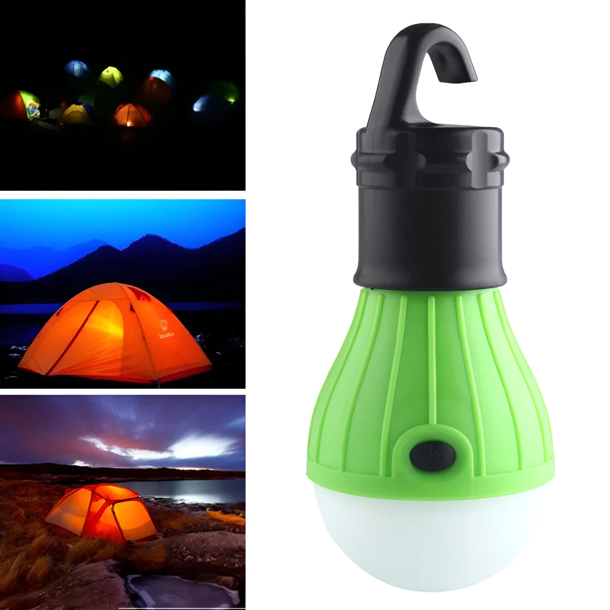 Blue portable LED camping lantern with hanging hook, showing scale against a ruler.