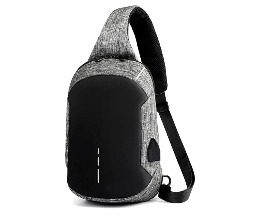 Oxford waterproof chest bag in dark blue colour showing front zipper opening and cross-body strap