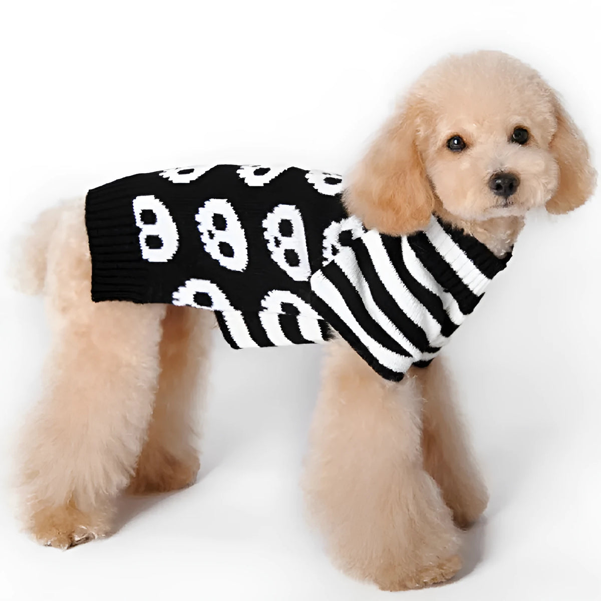 Polyester Christmas pet sweater in Black, Deer, Grey or Red, available in six sizes from XXS to XL with size chart