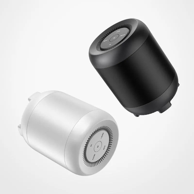 Black and white small Bluetooth speaker with AI voice control and buttons