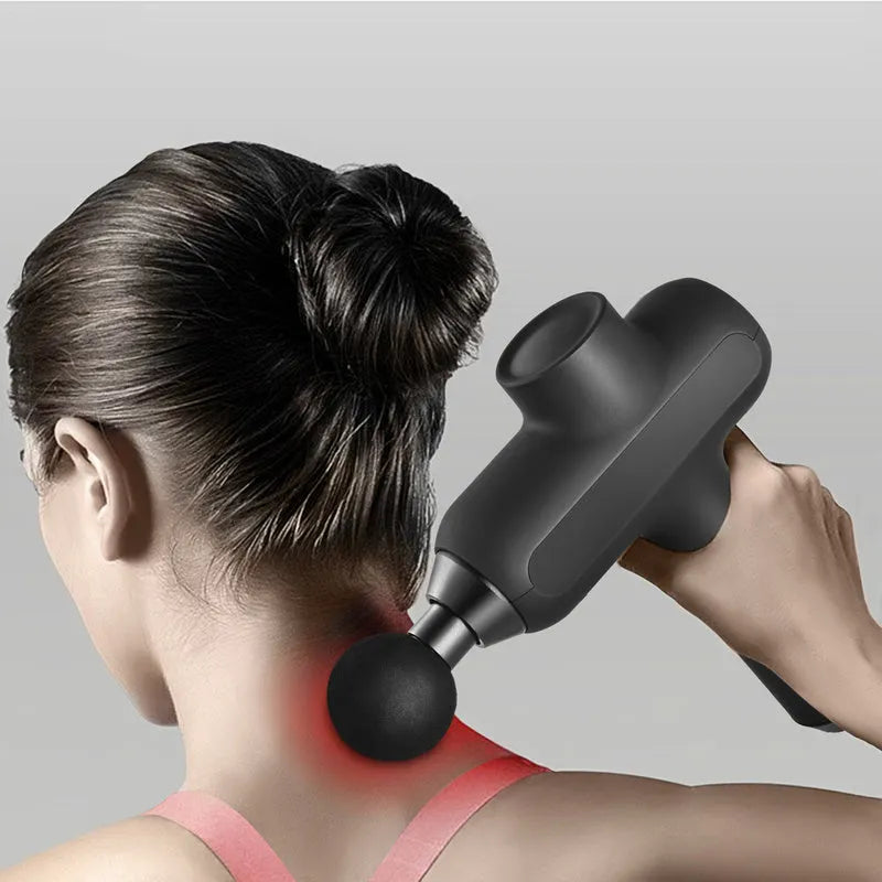 Handheld electric percussion massager with six heads in black, white, or red colours
