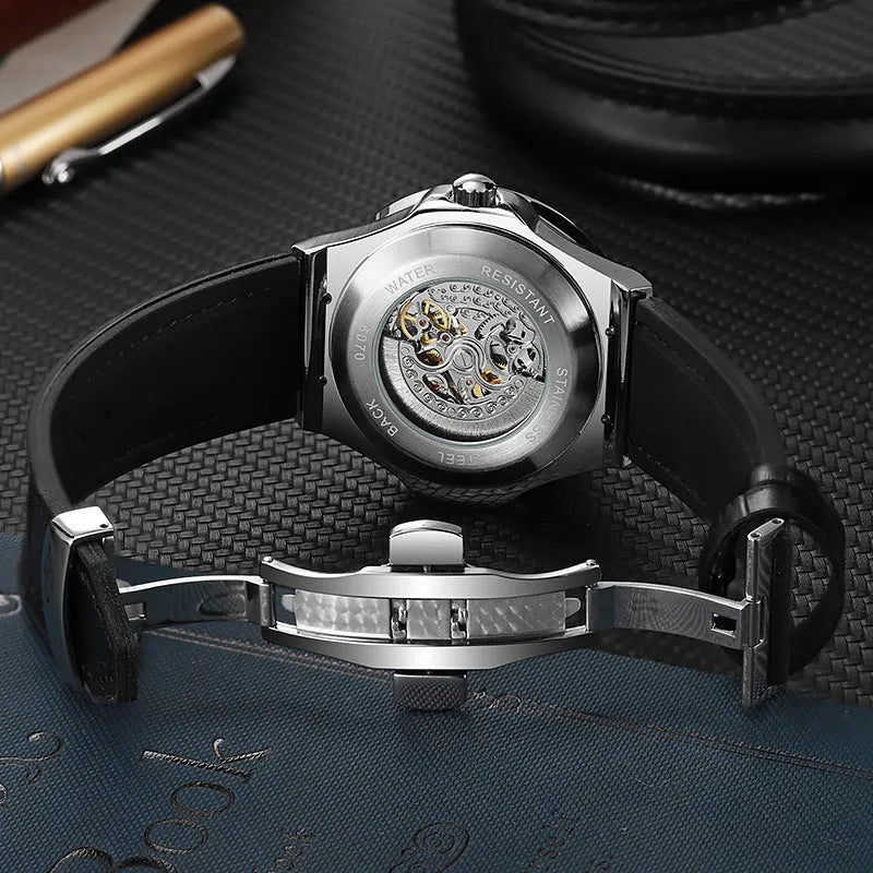 Automatic mechanical men's watch with diamond-studded bezel and visible hollow movement in white shell case