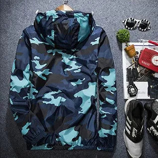 Men's camouflage hooded jacket with luminous zipper, available in multiple colours and sizes M to 5XL