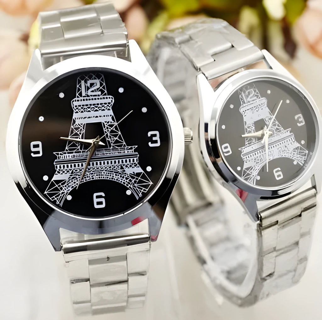Eiffel Tower wrist watch with stainless steel case and adjustable metal strap showing Paris landmark design on dial