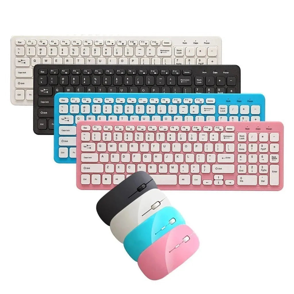 Black wireless keyboard and mouse set with full 96-key layout and USB receiver on a desk