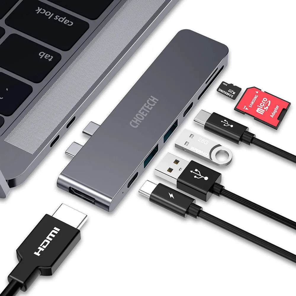 USB-C to SD card reader adapter with six ports including HDMI and USB 3.0