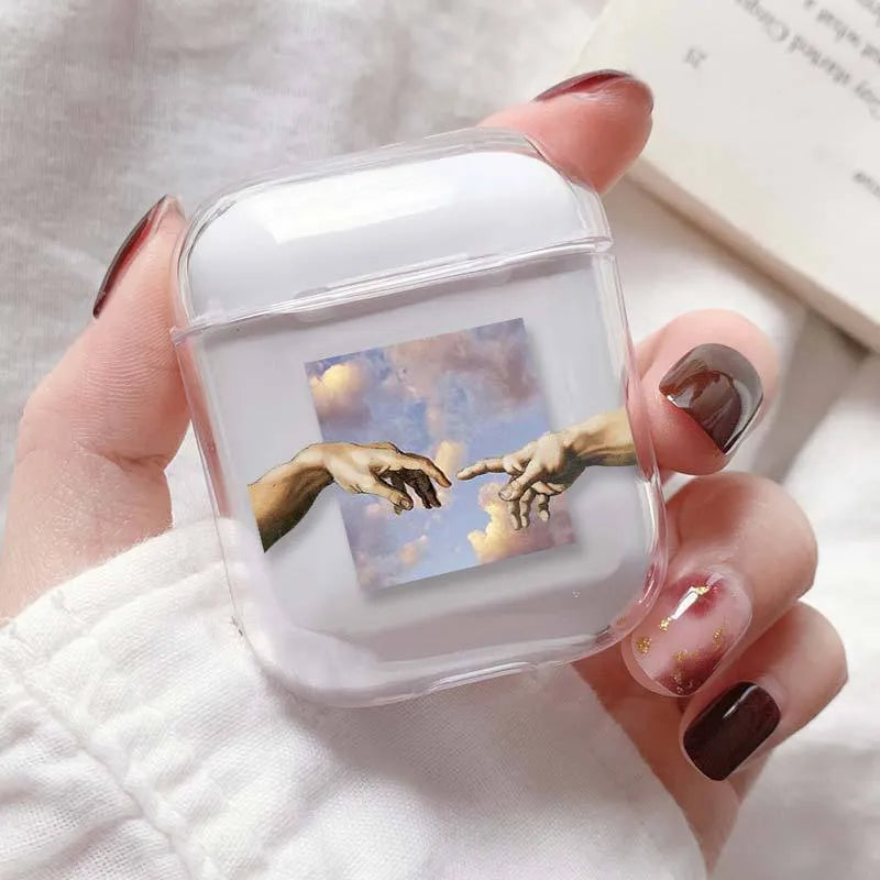 Transparent plastic protective cover for Apple AirPods charging case.