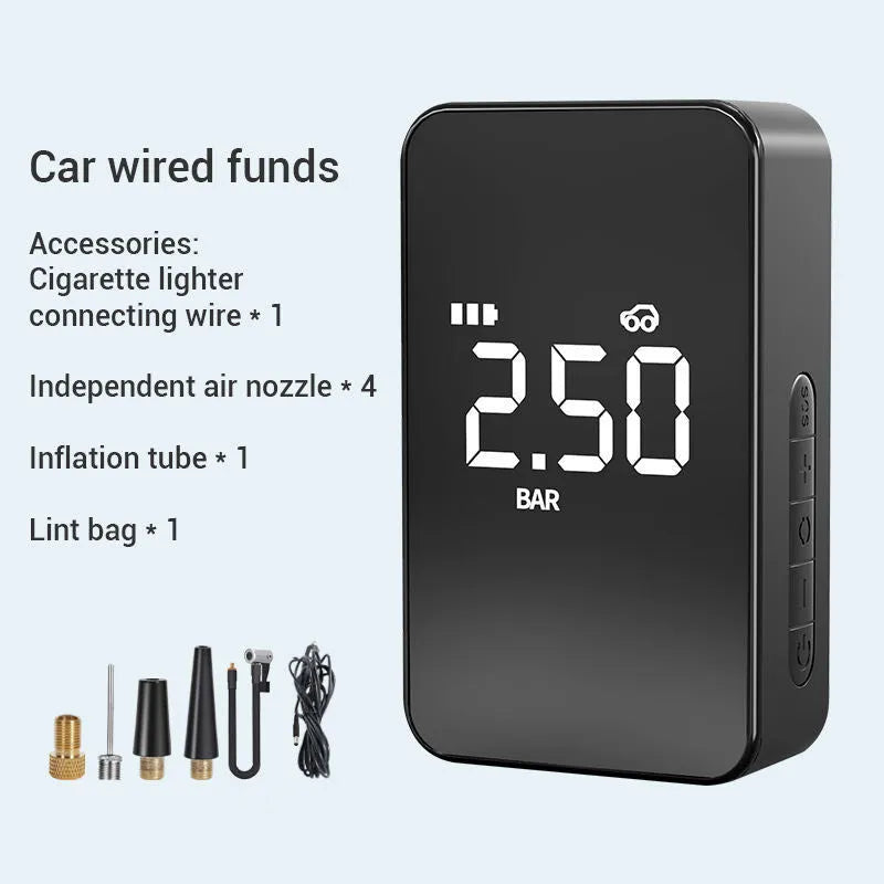 Compact black digital tyre inflator pump with screen, lithium battery, hose and four air nozzles on a grey background.